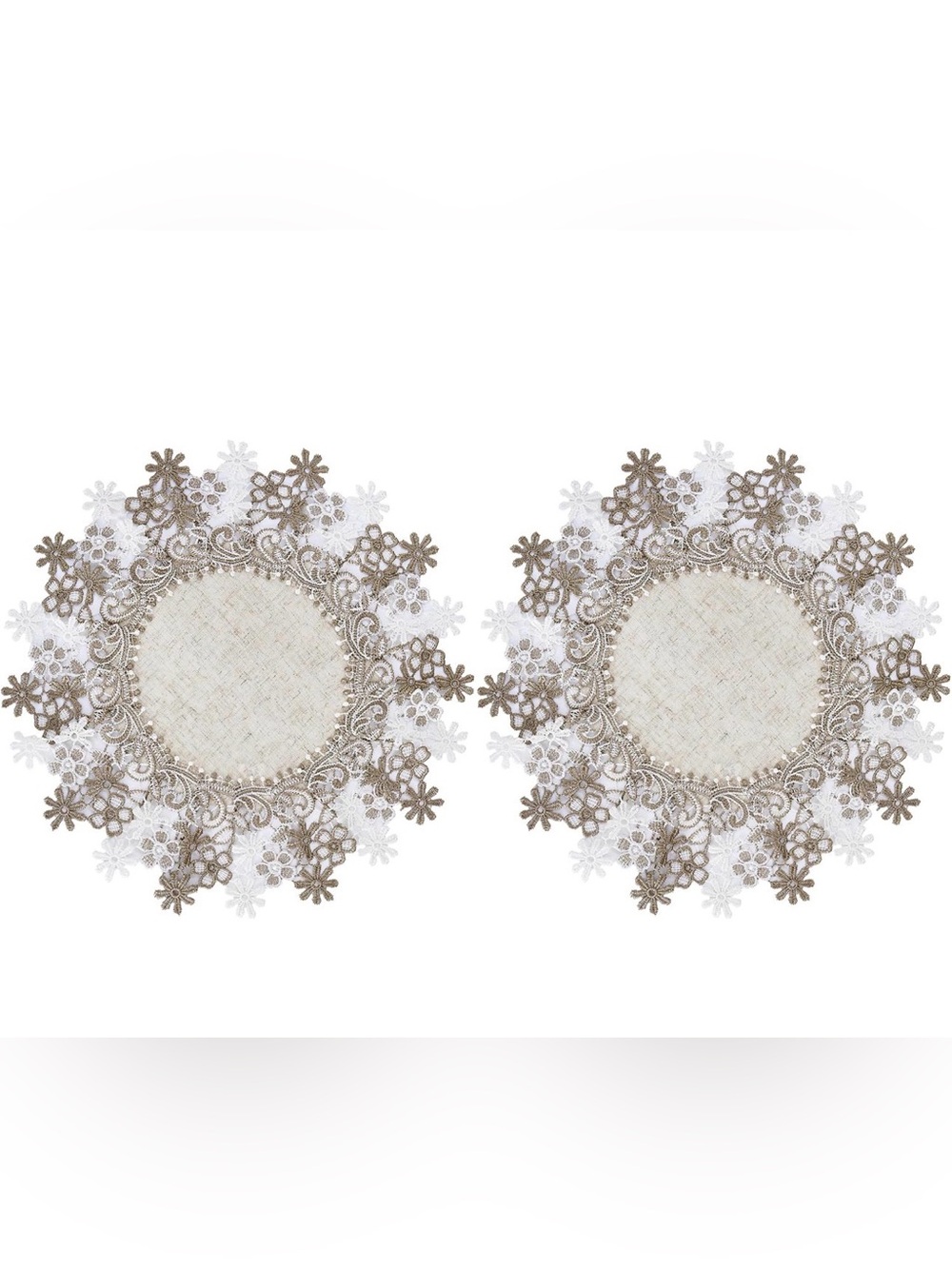 Natural Neutral Earth Tones Beige Floral Lace Round 15” placemats Set of 2 Doily